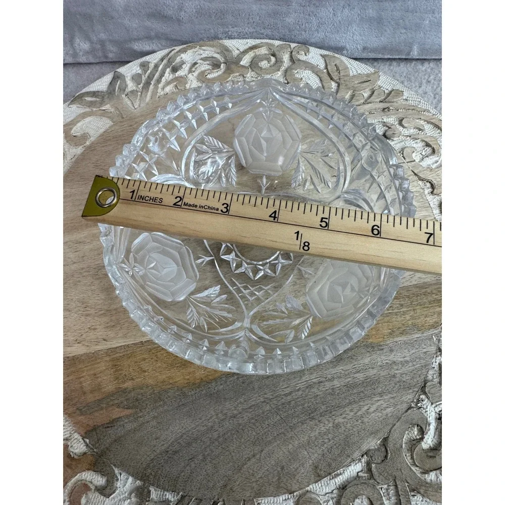 Vintage Frosted Rose Crystal Glass Bowl Scalloped‎ Floral Candy Dish 7